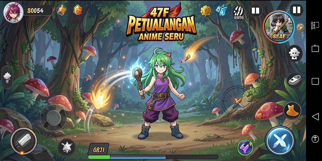 Tampilan gameplay dari 47F yang penuh aksi dan karakter anime.