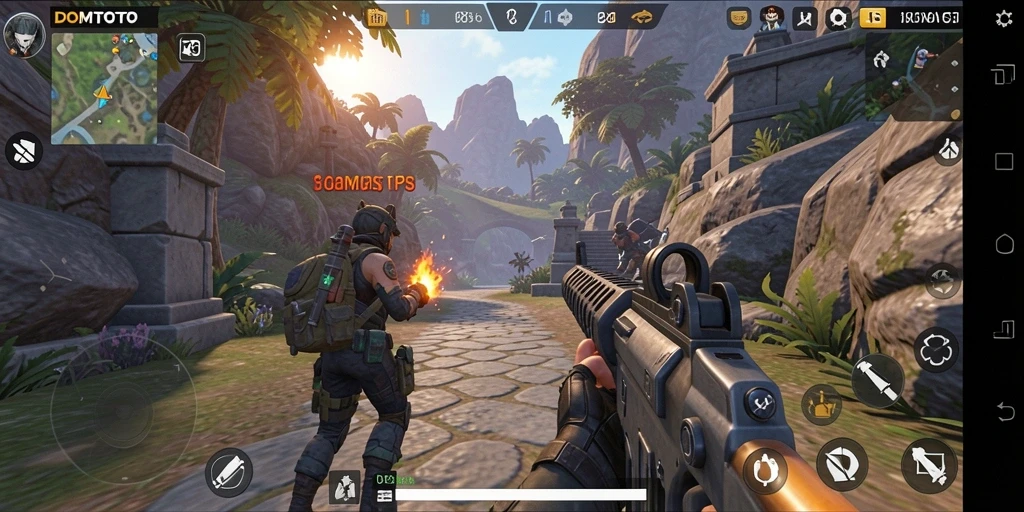 Screenshot gameplay DOMTOTO yang menunjukkan aksi seru dalam pertempuran TPS.