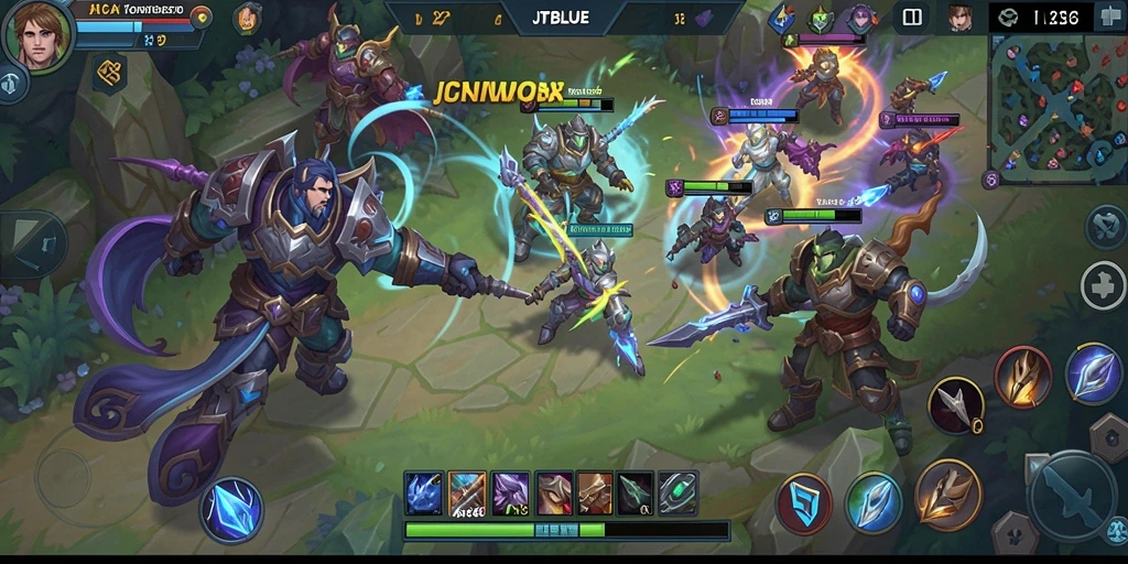 Screenshot utama JTBLUE menampilkan aksi seru dalam arena MOBA.