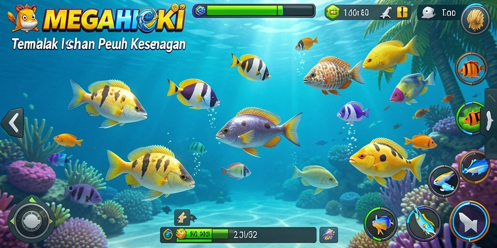 Tampilan gameplay seru MEGAHOKI dengan menembak ikan besar.