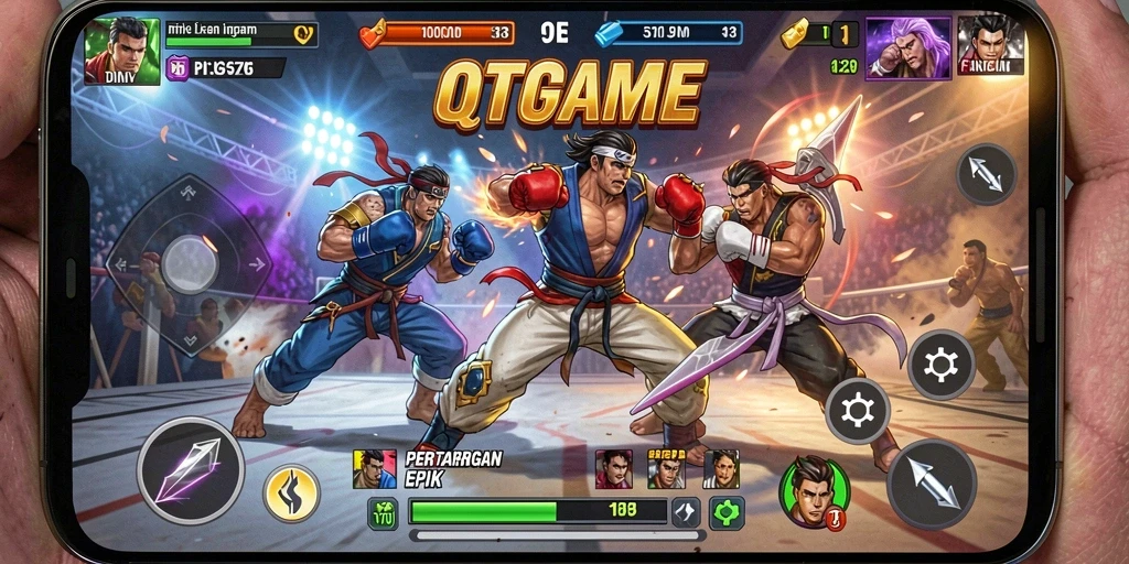 Screenshot gameplay QTGAME menunjukkan pertarungan intens dan karakter unik.