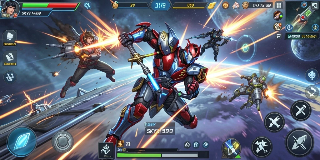 Tangkapan layar gameplay <strong>SKY99</strong> menunjukkan pertarungan menegangkan di angkasa.